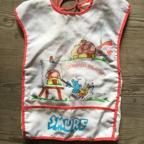 Vintage 1981 Smurf Leonardo Smurfinci Peyo Painting Smock Bib Apron Kids Youth